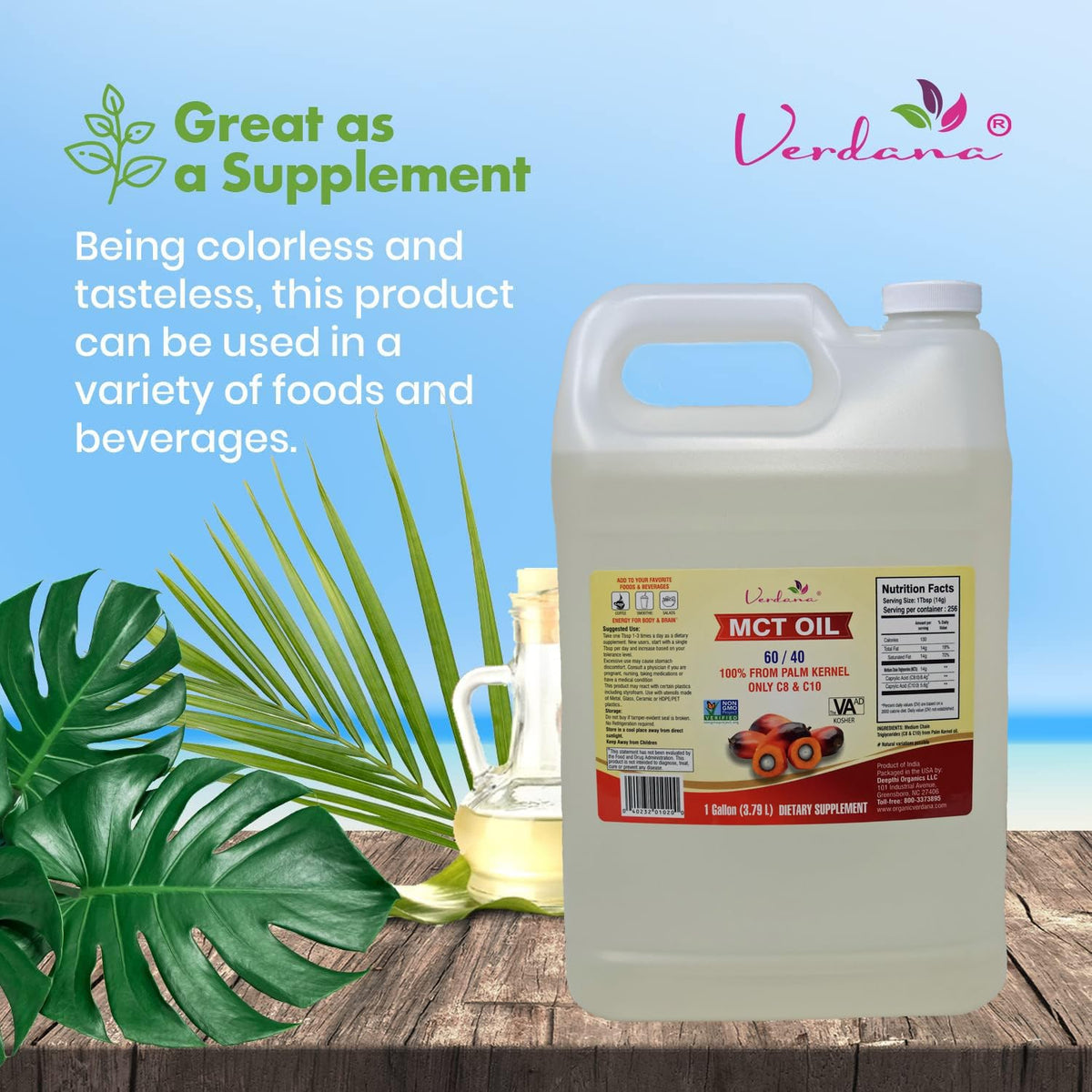 Non GMO verified palm kernel derived MCT oil by Verdana brand.