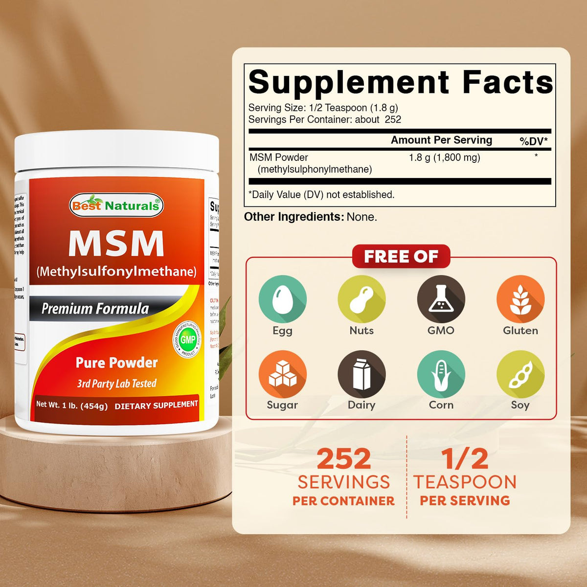 Best Naturals Methylsulfonylmethane supplement powder nutrition facts label