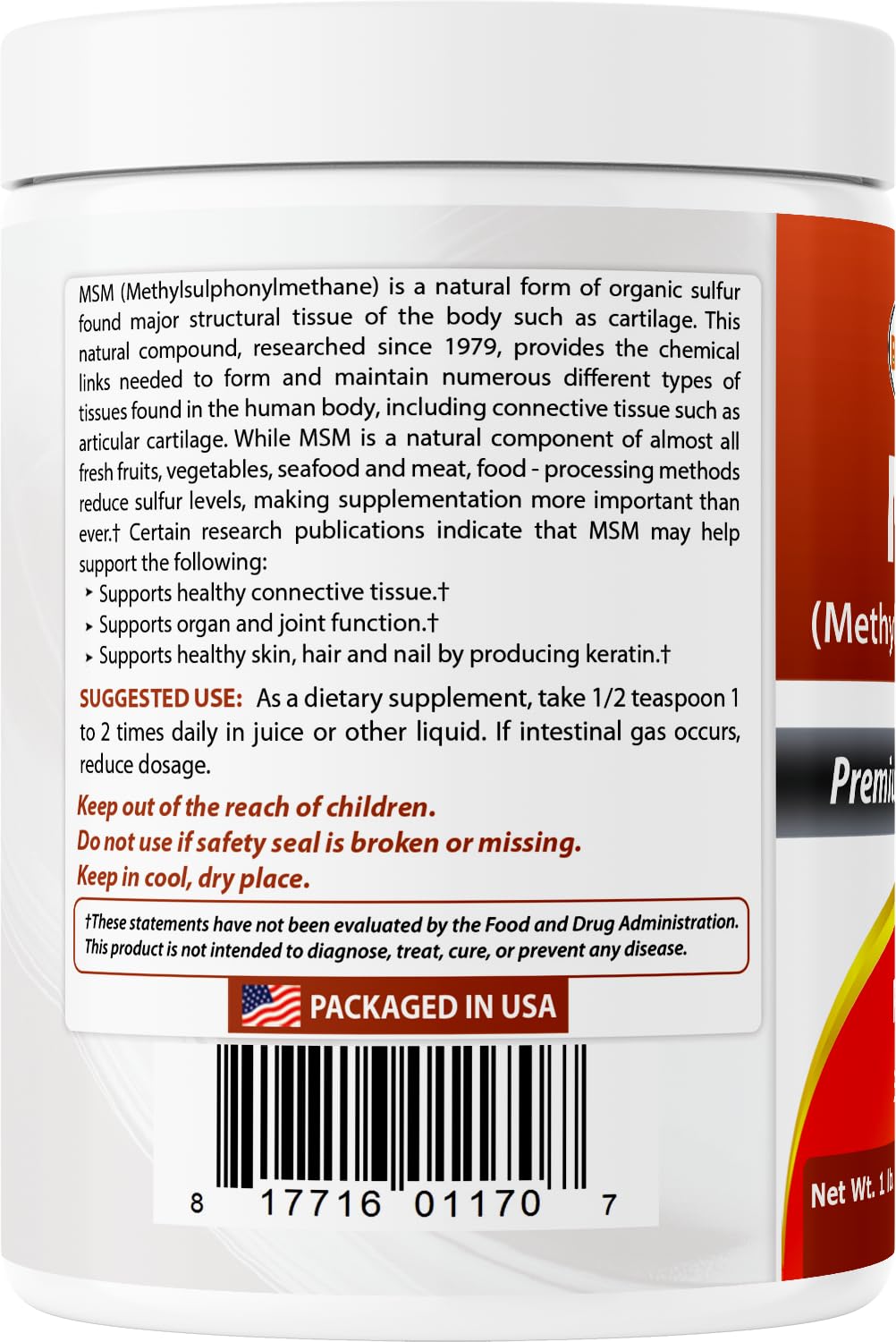 Authentic Best Naturals pure MSM powder container base batch details