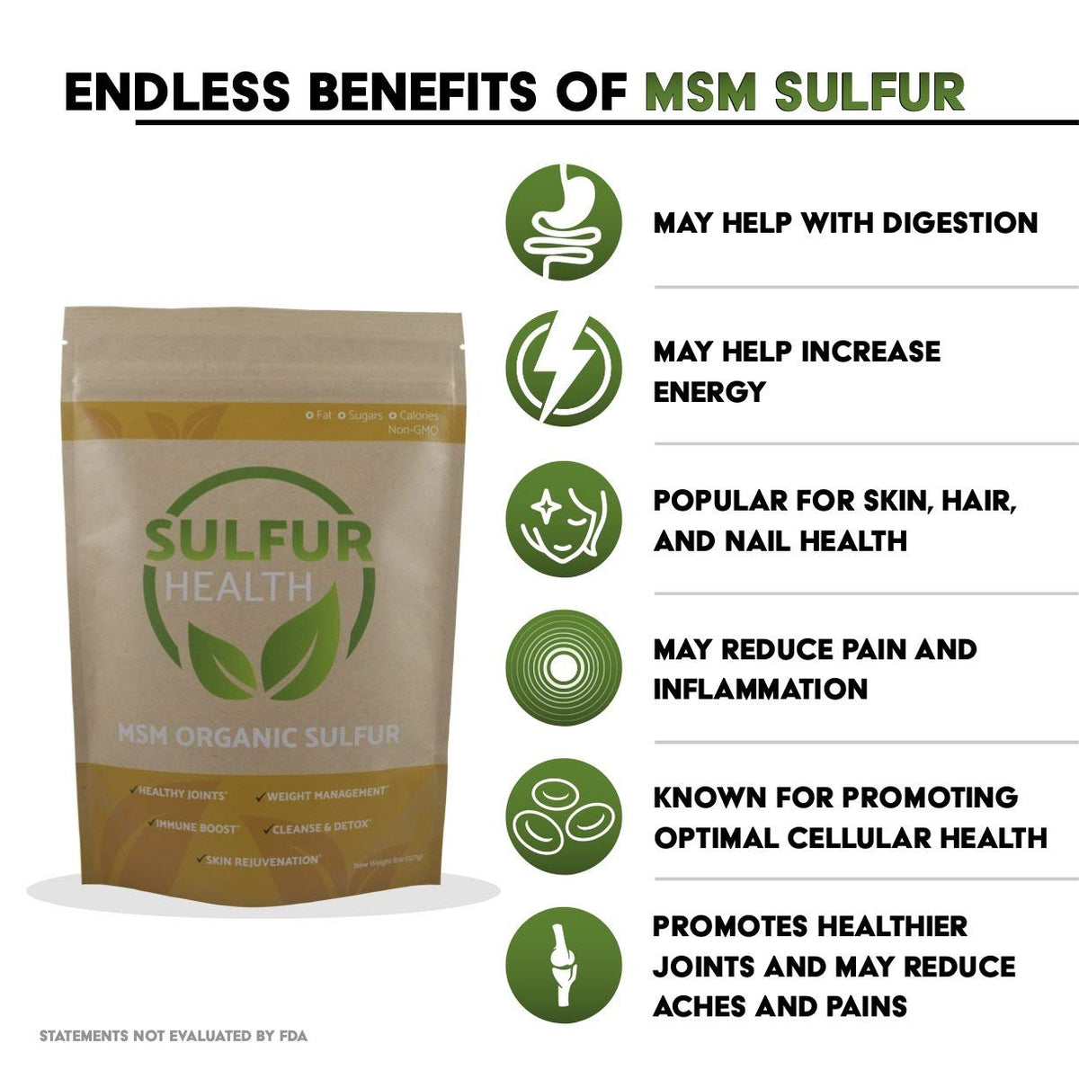 Sulfur Health organic sulfur pouch on a clean background for wellness