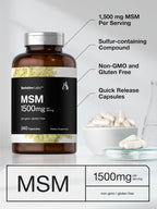 Horbaach MSM 1500mg advanced sulfur dietary supplement product close up showing capsule count