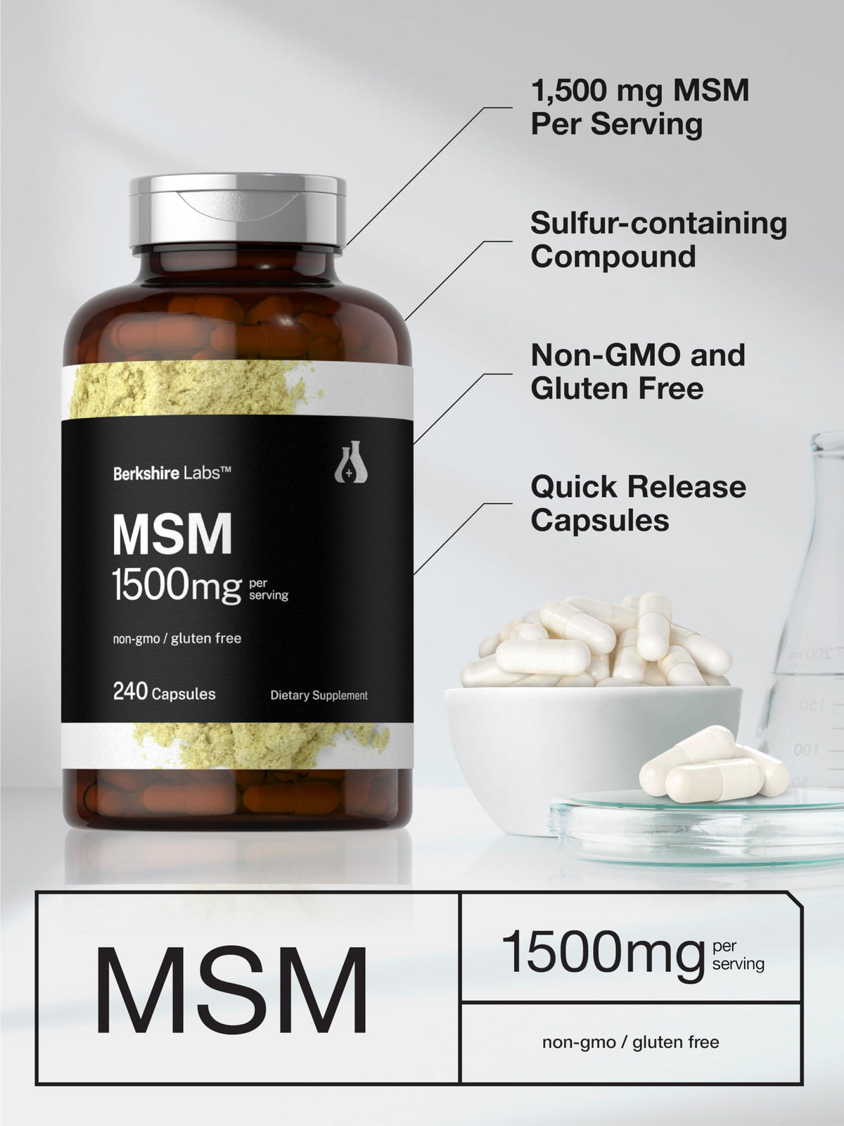 Horbaach MSM 1500mg advanced sulfur dietary supplement product close up showing capsule count