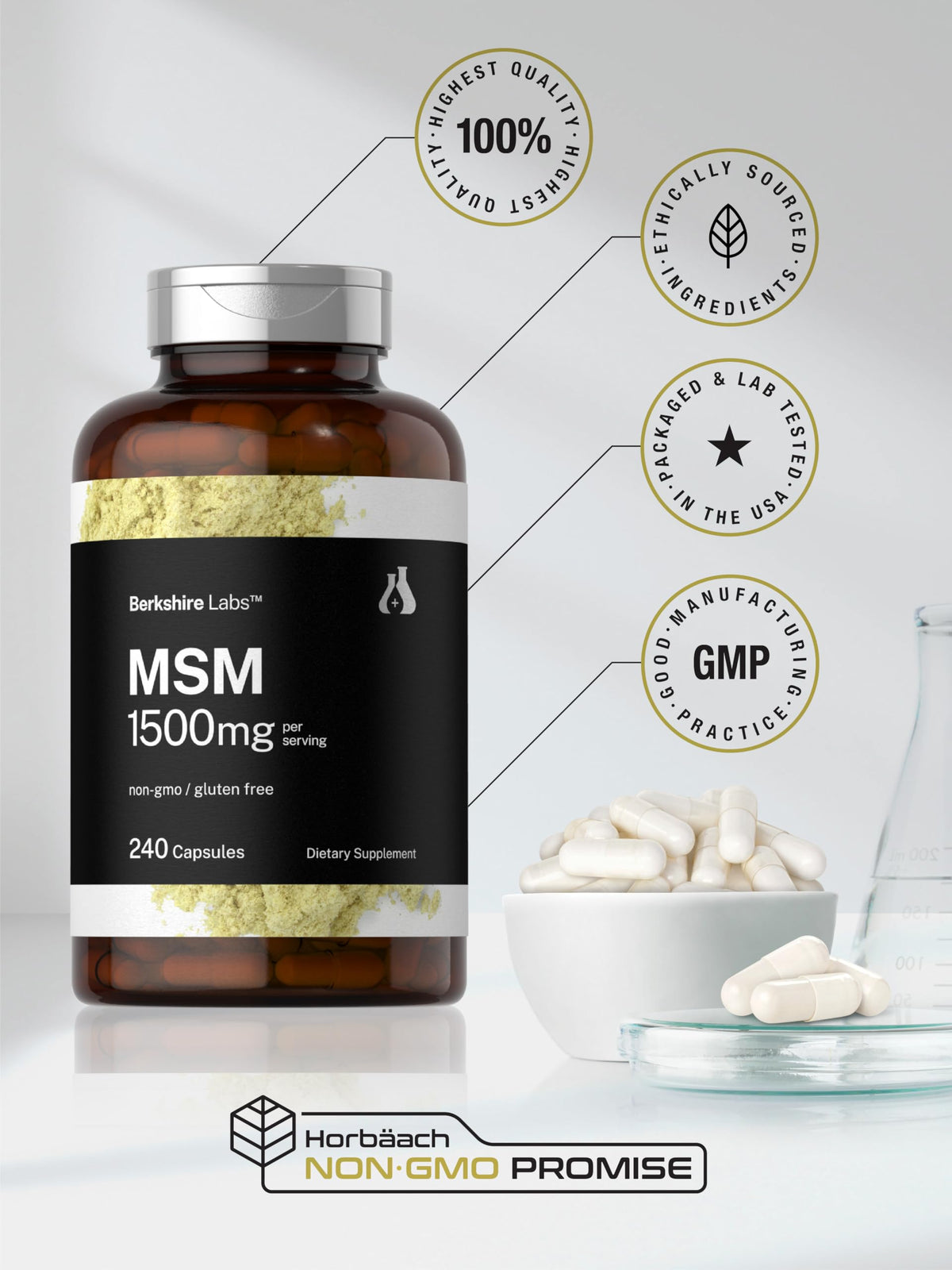 Horbaach MSM capsules nutritional labeling and daily usage instructions side panel view