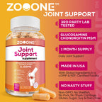 Side angle view of Zooone Advanced Joint Support bottle detailing glucosamine and chondroitin benefits.