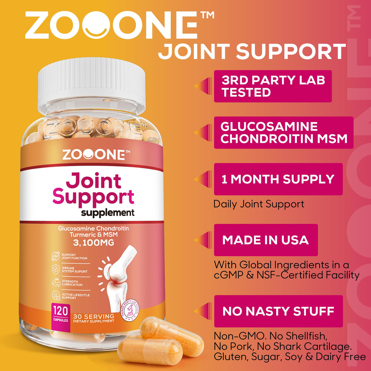 Side angle view of Zooone Advanced Joint Support bottle detailing glucosamine and chondroitin benefits.