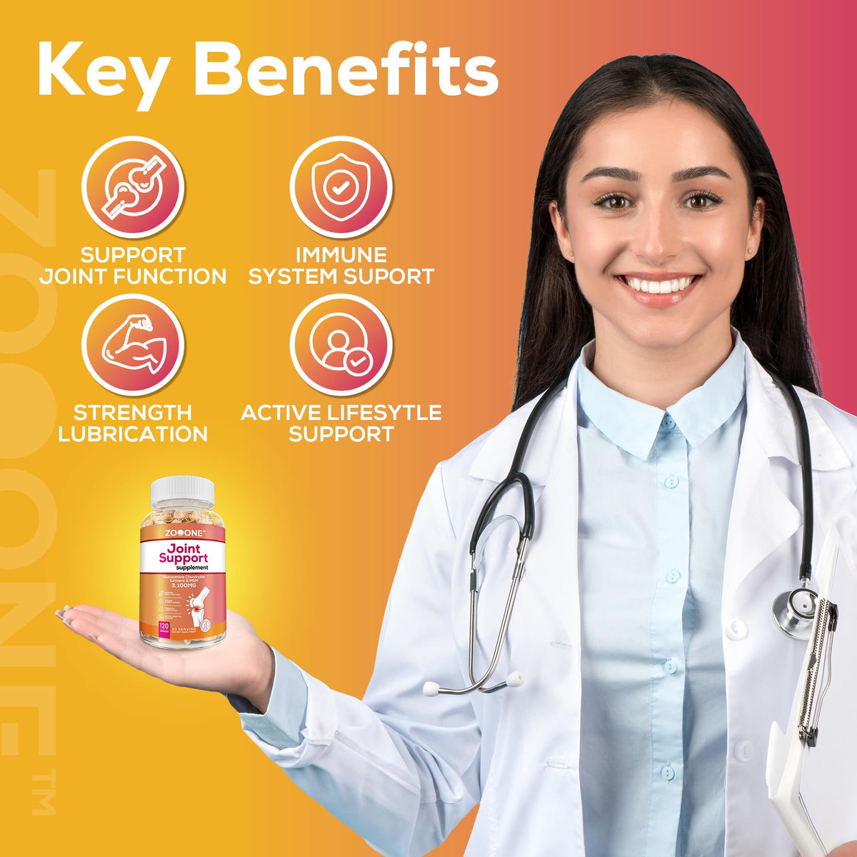 Zooone joint wellness tablets bottle displaying the Made in USA quality assurance seal.