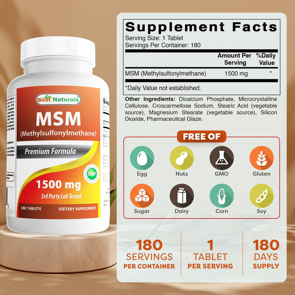 Best Naturals MSM 180 tablets dietary supplement packaging
