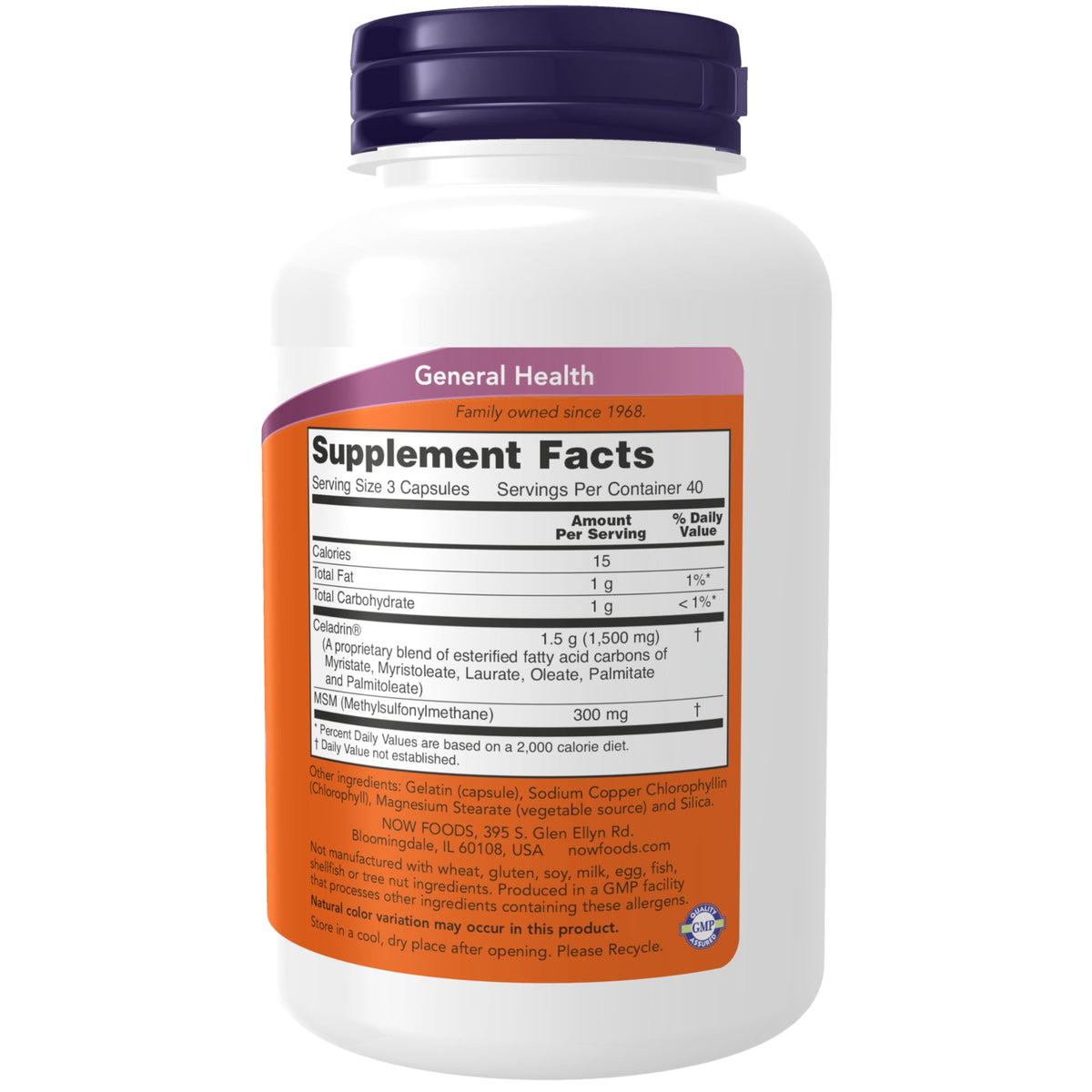 NOW Foods Celadrin and MSM dietary supplement showing the nutritional facts and ingredient details