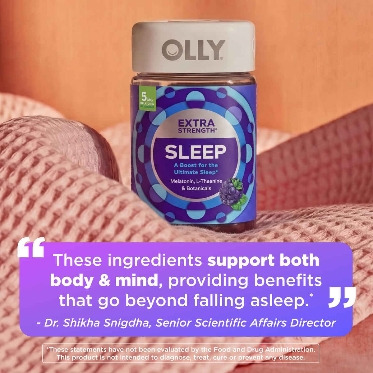 Top angle view of the child resistant cap on the OLLY melatonin supplement bottle.