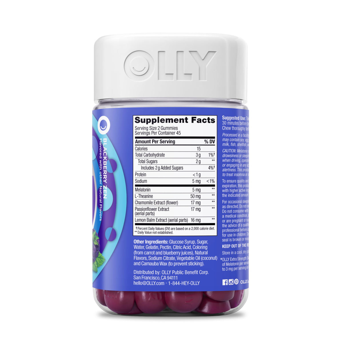 OLLY melatonin and L-Theanine dietary supplement container on a clean background.