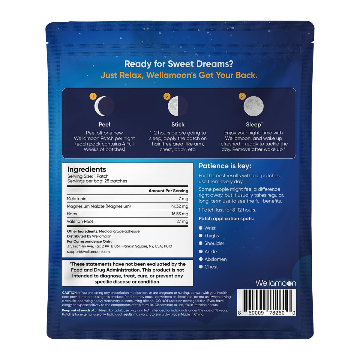 Wellamoon extra strength topical sleep patches monthly supply sheet showing peel and stick design