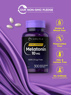 Close up of drug free Carlyle Melatonin 10mg softgels package highlighting the 300 count size