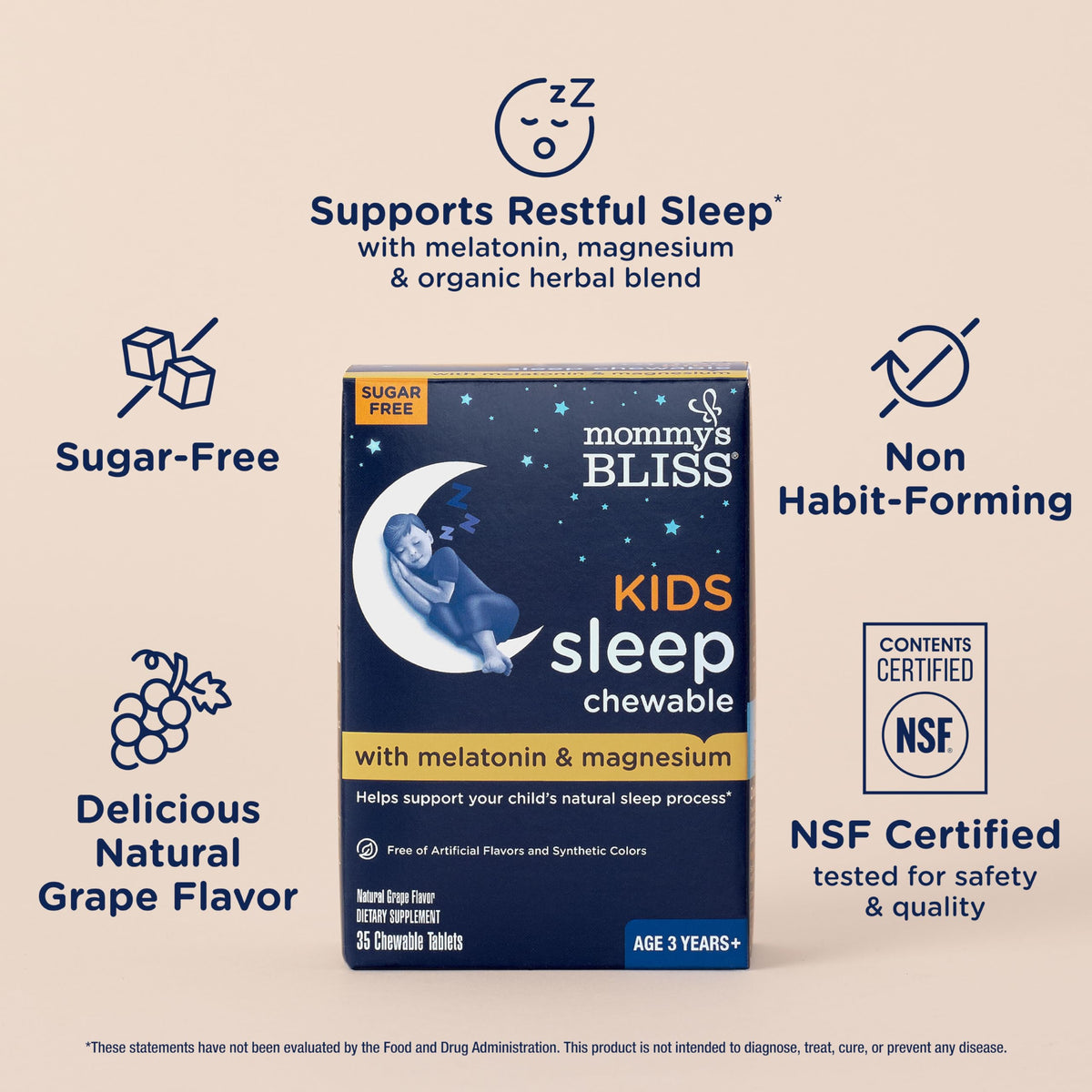Back label of Mommy's Bliss Kids Sleep chewables showing ingredients list