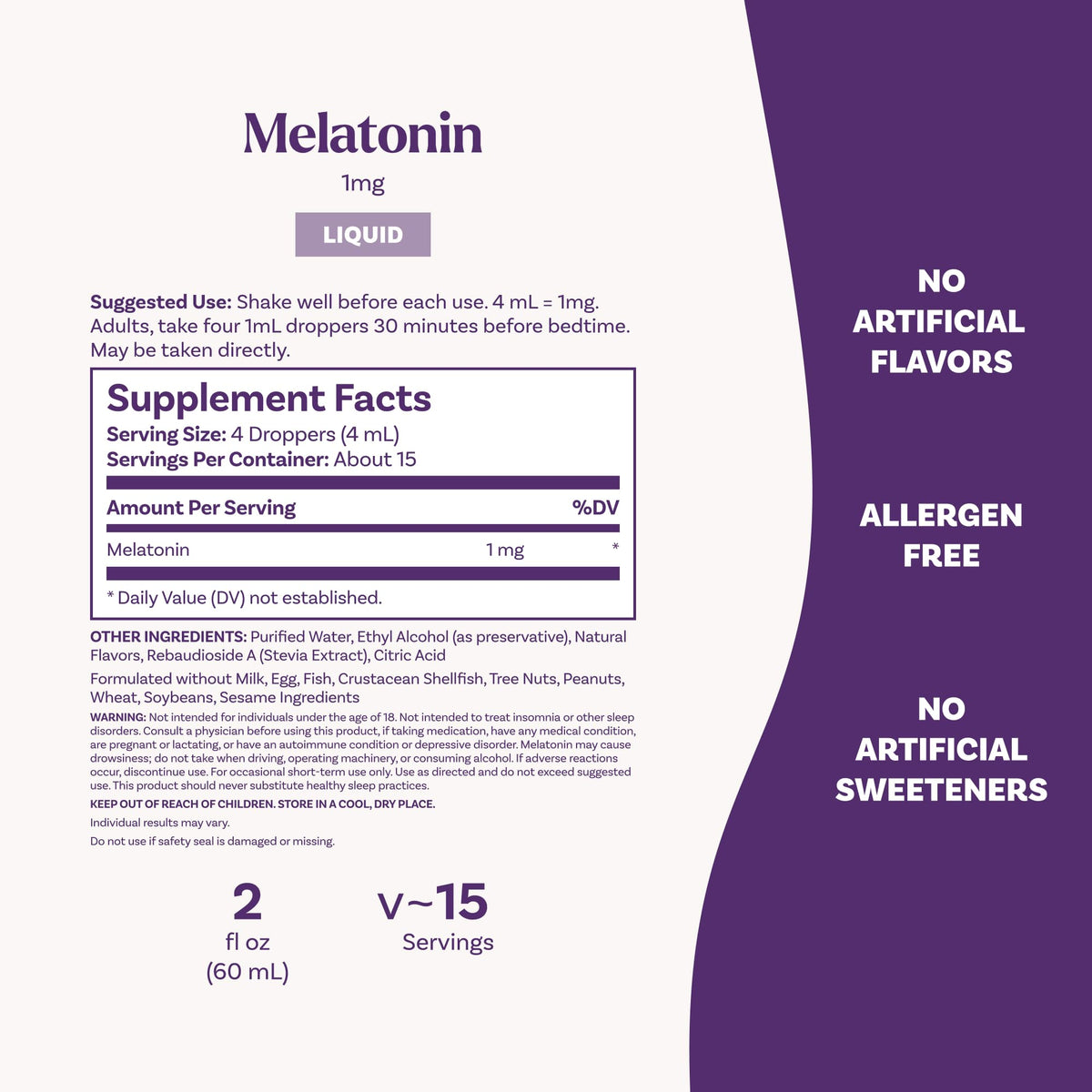 Natrol Liquid Melatonin sixty milliliter travel friendly bottle dimensions side angle view