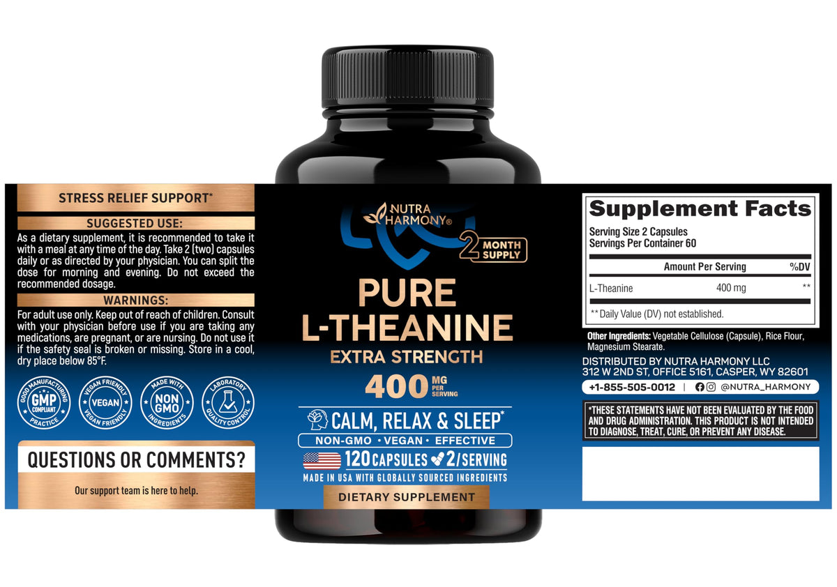 Nutraharmony L Theanine 400mg dietary supplement side label displaying ingredients and clear serving size information.