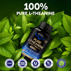 Nutraharmony L Theanine plant based stress relief formula showing 120 vegan capsules bottle for relaxation.