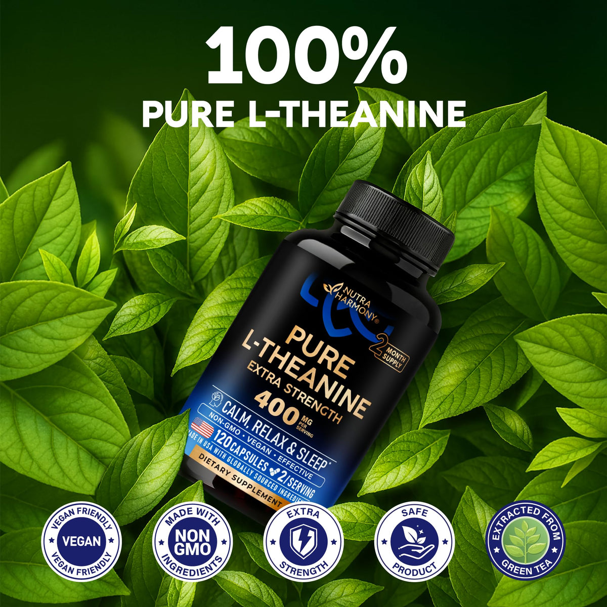 Nutraharmony L Theanine plant based stress relief formula showing 120 vegan capsules bottle for relaxation.