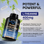 Nutraharmony L Theanine 400mg supplement close up highlighting non GMO and gluten free verification seals.