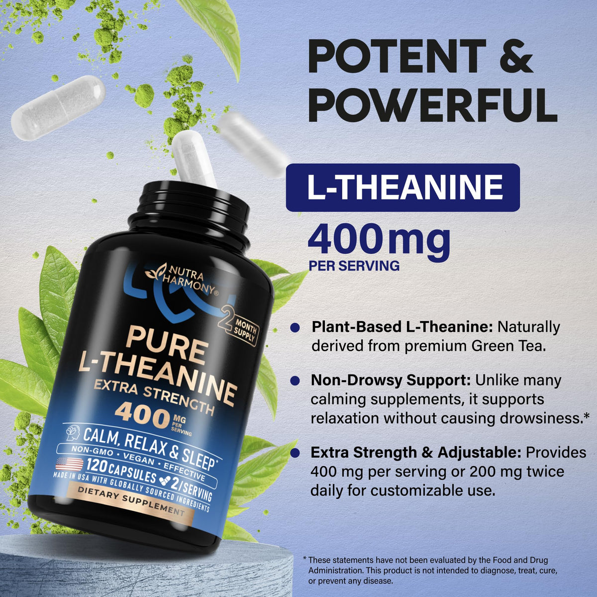 Nutraharmony L Theanine 400mg supplement close up highlighting non GMO and gluten free verification seals.