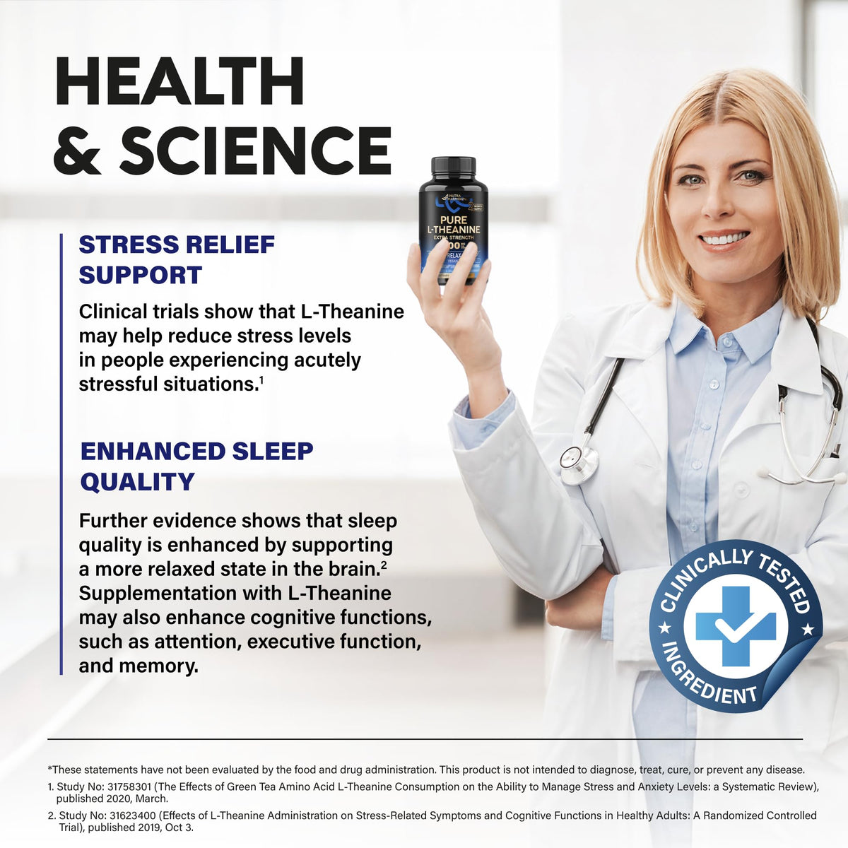 Nutraharmony L Theanine calming support capsules bottle top down view indicating authentic premium build quality.