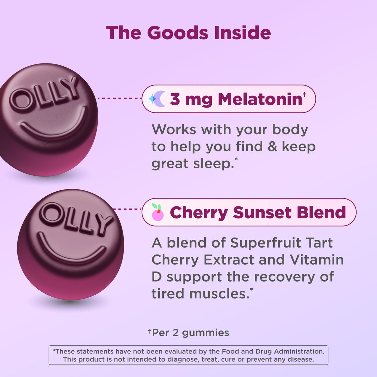 OLLY supplement bottle showing Berry Rested flavor details.