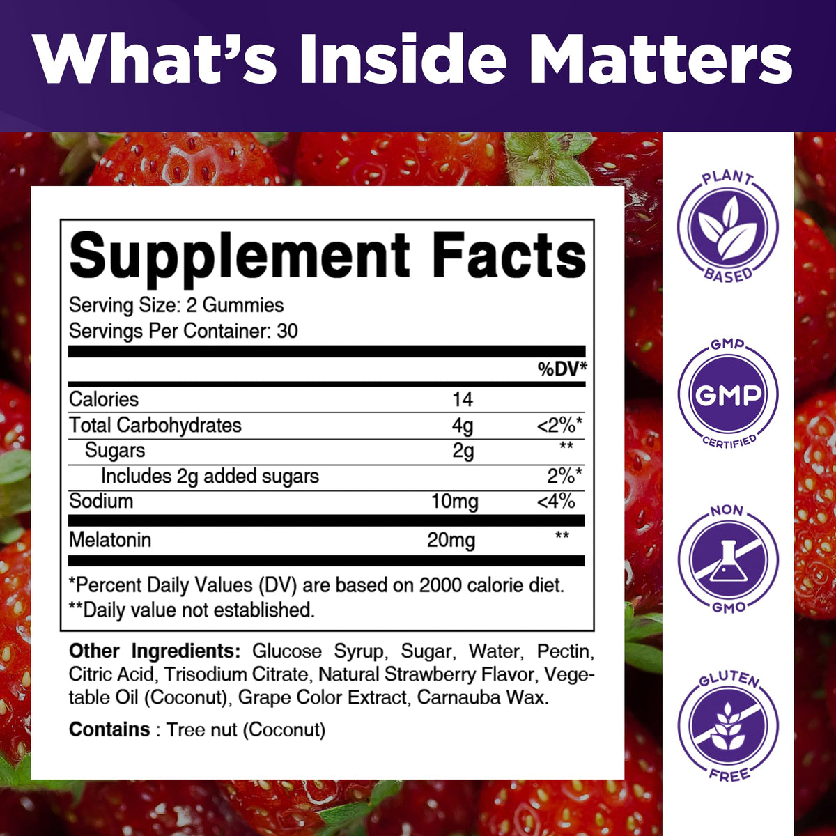 Vitamatic maximum strength melatonin 60 vegan gummies side label showing supplement facts