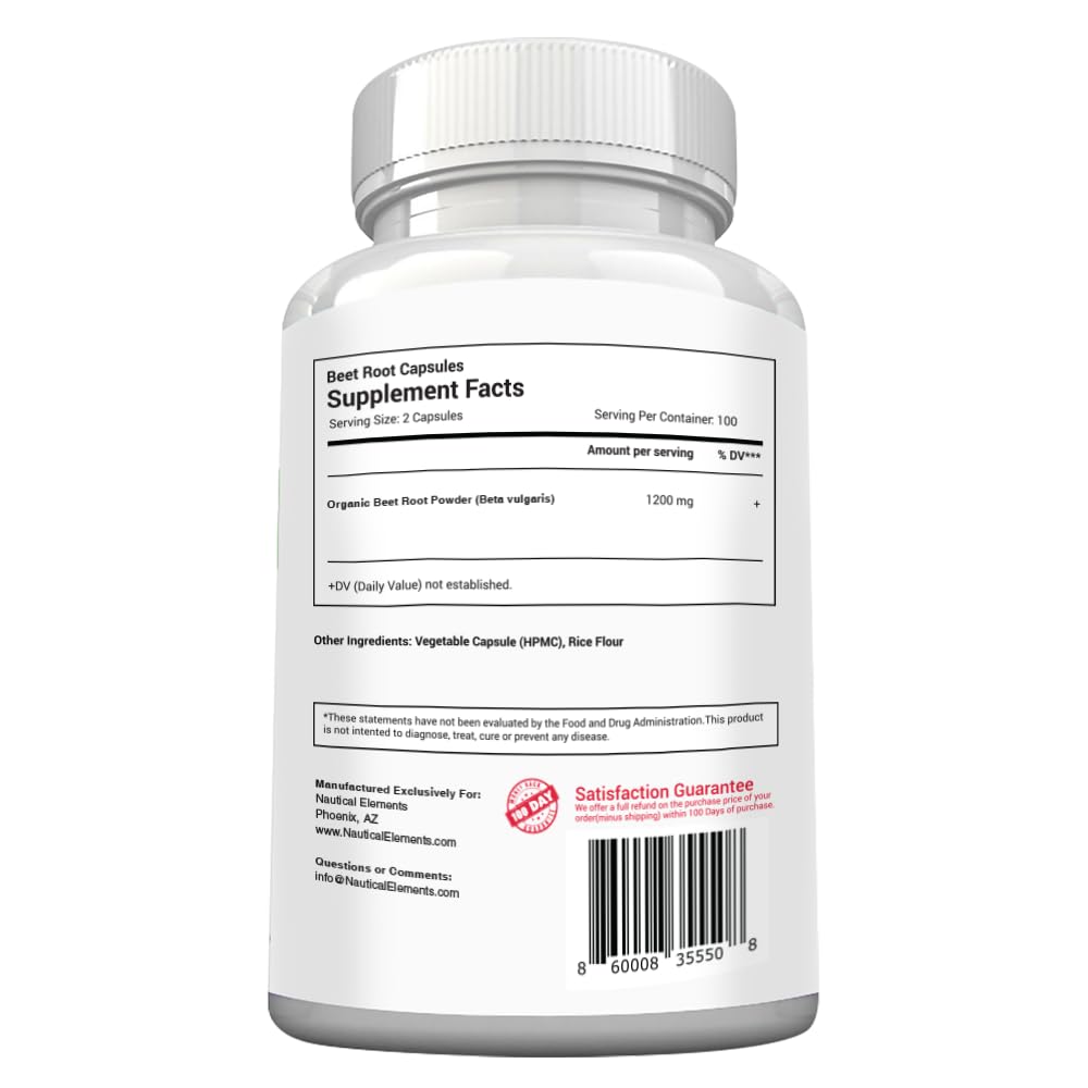 Dietary supplement bottle featuring 1200mg beet root potency