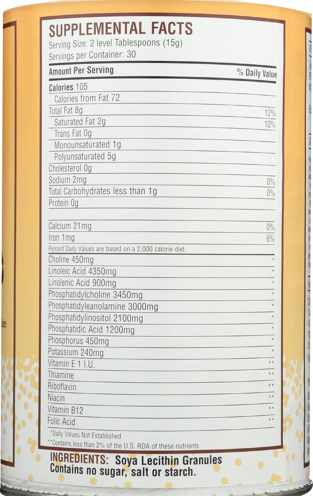 Back label of Fearn Natural Foods Soy Lecithin package highlighting nutritional profile and ninety-seven percent phosphatide content.