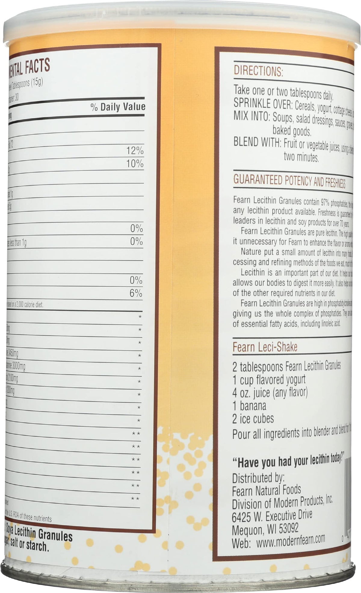 Fearn Lecithin Granules container displayed next to a fresh healthy breakfast smoothie bowl for serving suggestion.
