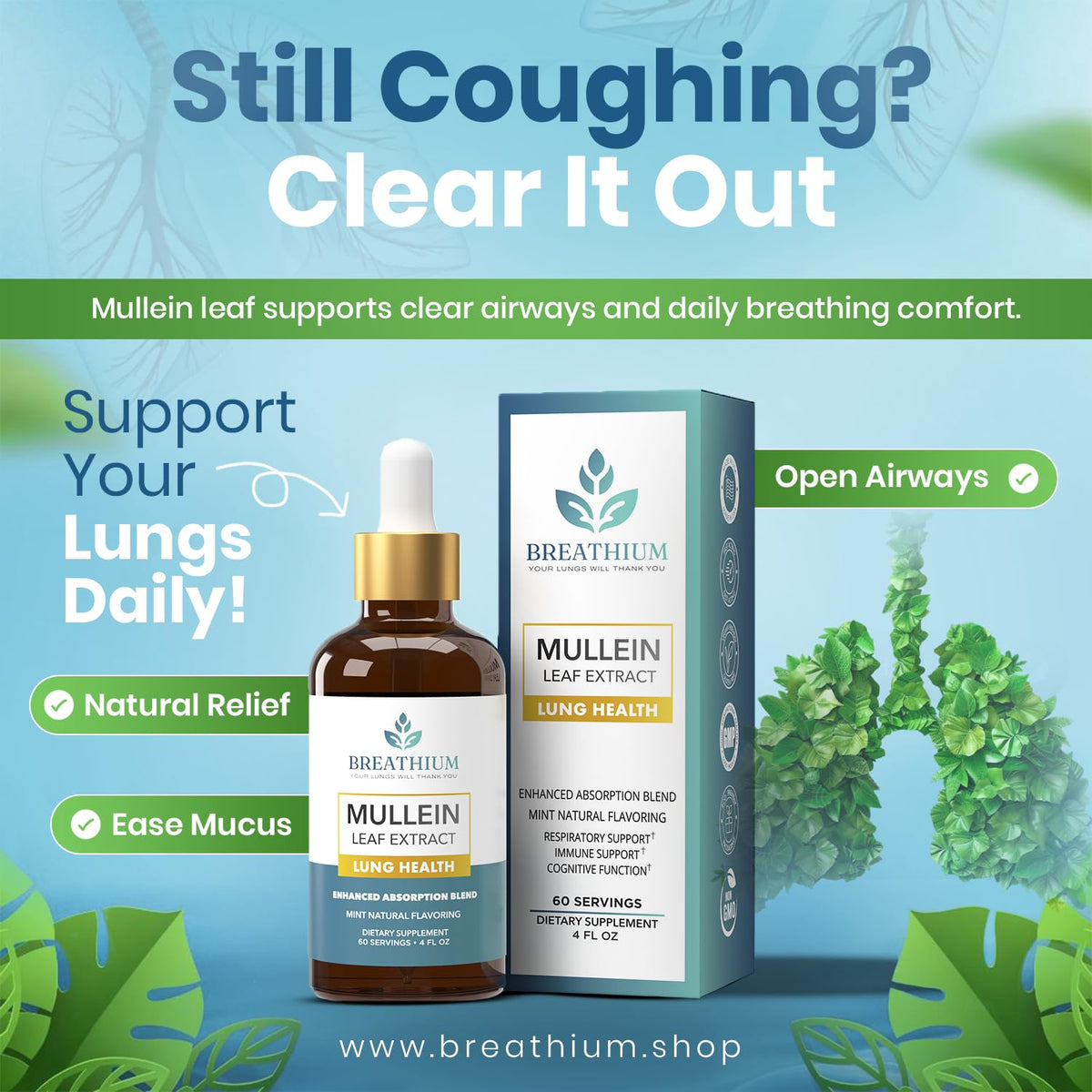 Premium USA imported Breathium mullein leaf drops showing the dropper applicator and peppermint flavor icon.