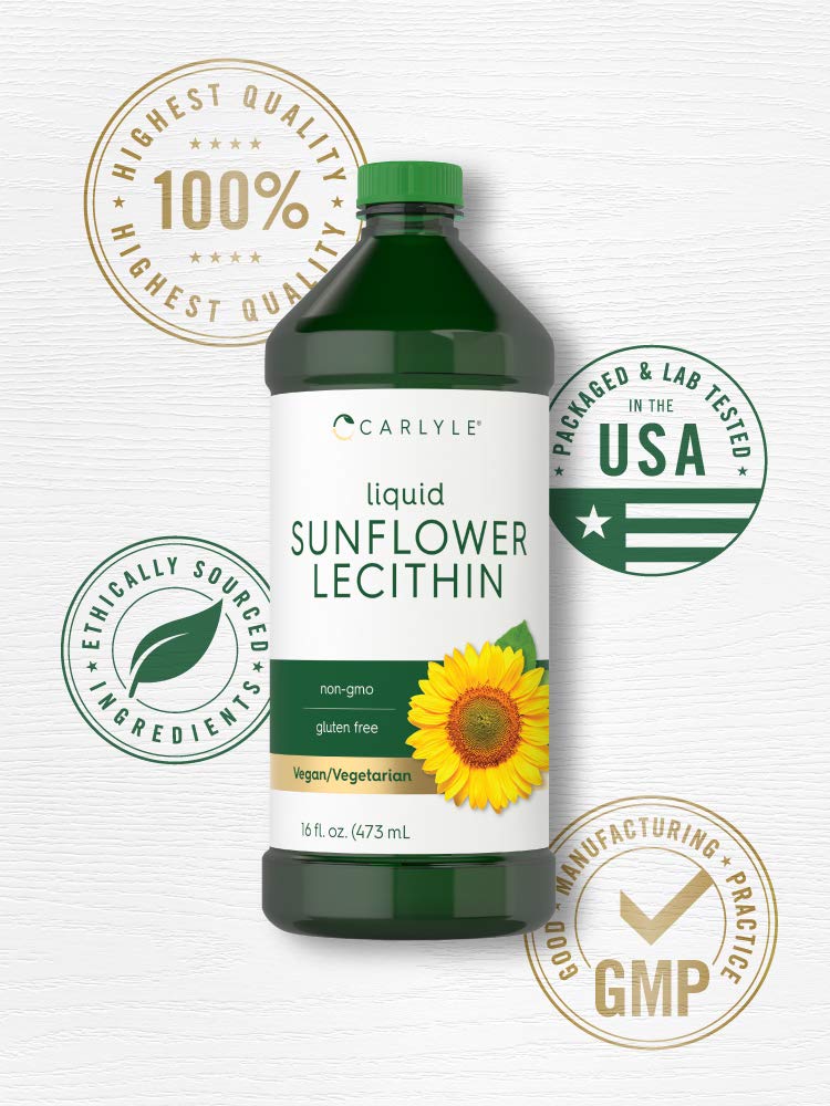 Close up view of Carlyle sunflower lecithin bottle focusing on the vegan and gluten free certifications.