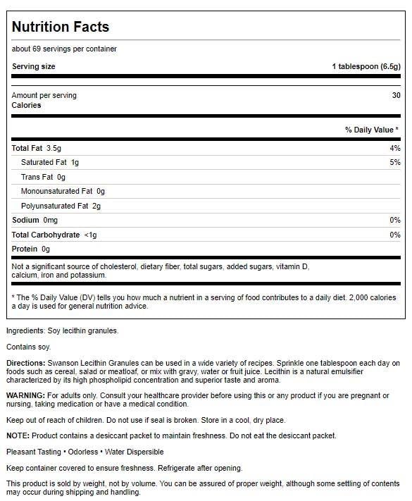 Back label view of Swanson non GMO lecithin supplement showing nutrition facts and directions.