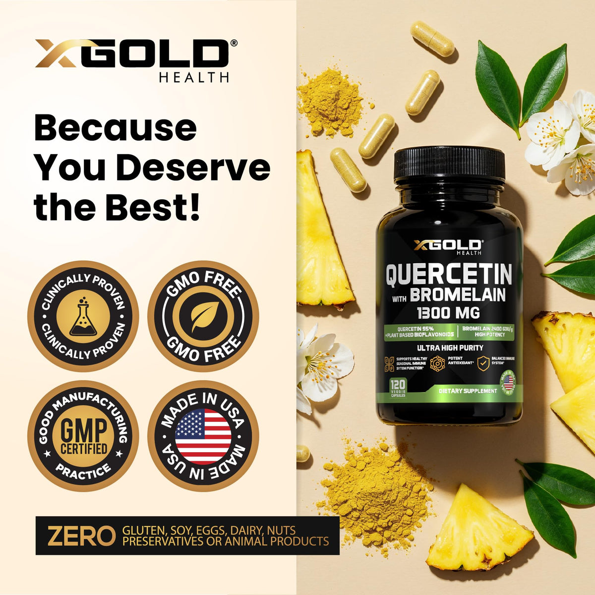 X Gold Health Quercetin Bromelain dietary supplement bottle side view