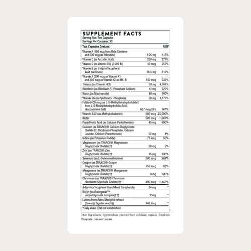Thorne daily multivitamin supplement facts panel on side of bottle