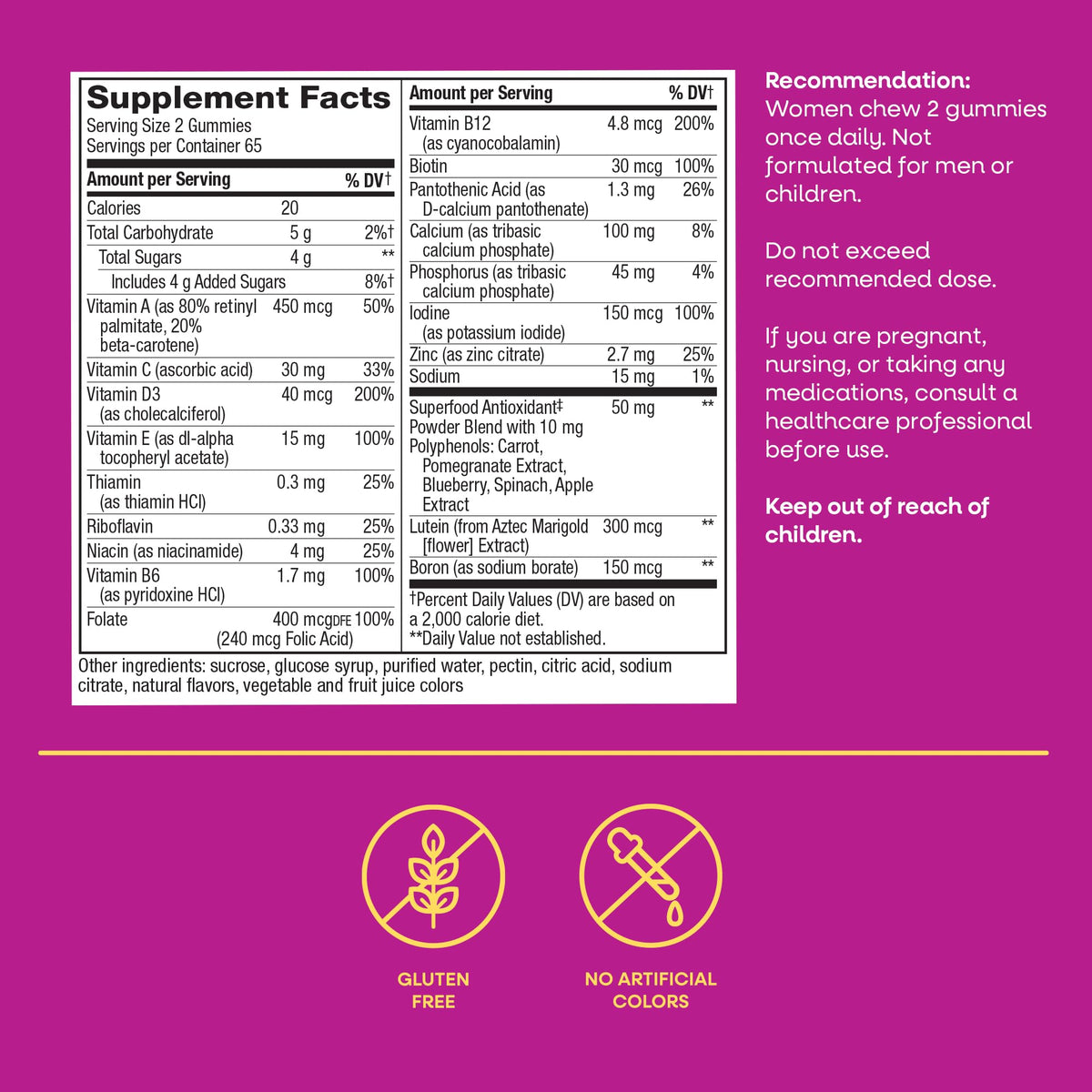 Nature's Way Alive Women's 50 Plus Multivitamin Gummies highlighting the heart, brain, and bone health support callouts.
