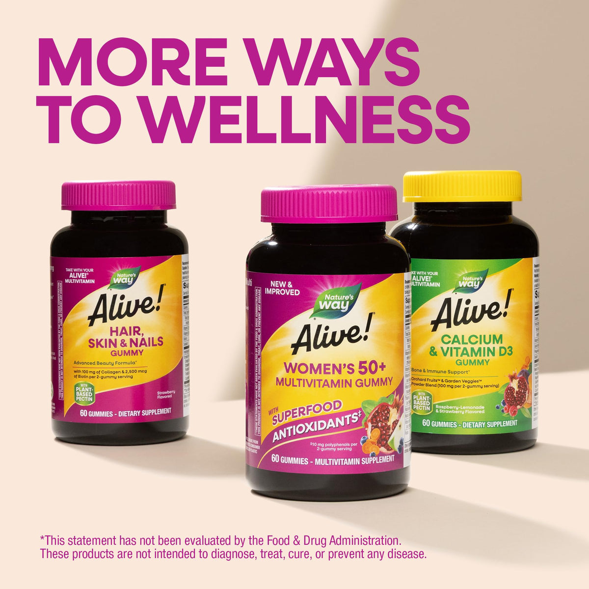 Nature's Way Alive 130 count multivitamin bottle displaying allergen-free labels like no wheat, dairy, or peanuts.