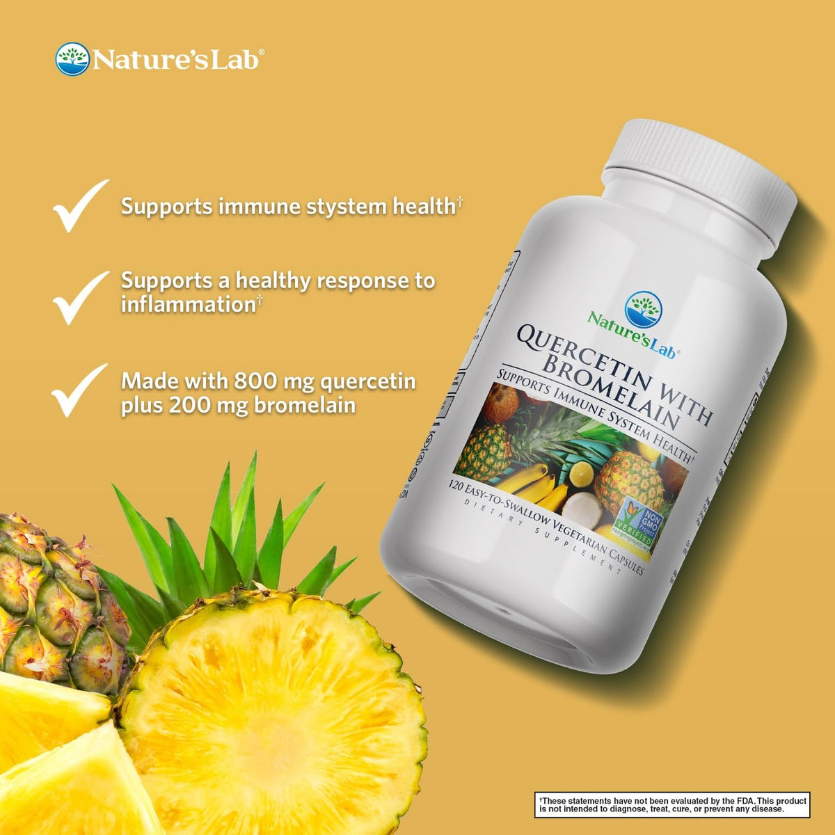 Nature's Lab Quercetin Bromelain dietary supplement bottle showing non-GMO gluten-free labels