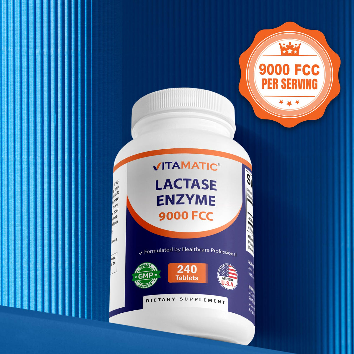 Vitamatic 9000 FCC food chemical codex strength lactase caplets for adult digestive health.