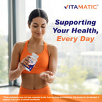 Vitamatic lactase enzyme dietary supplement side panel with clear instructions for usage.