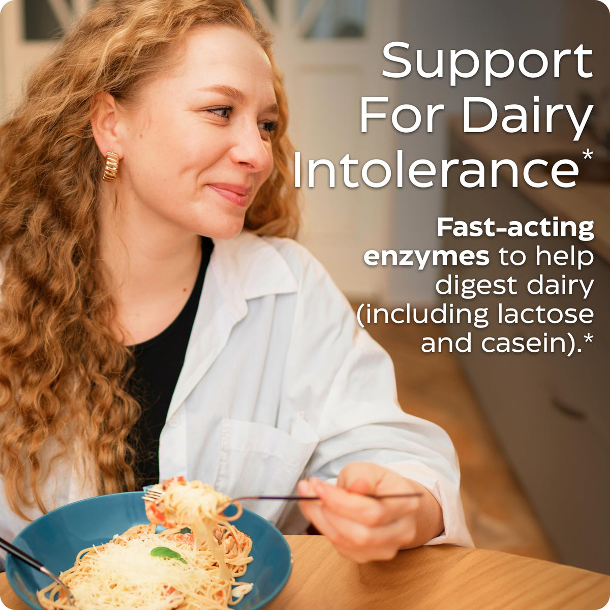 Side profile of Enzymedica Lacto 90 count showing comprehensive supplement facts and list of dairy digesting enzymes