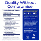 Enzymedica Lacto packaging details emphasizing dairy protein casein and sugar lactose digestion benefits