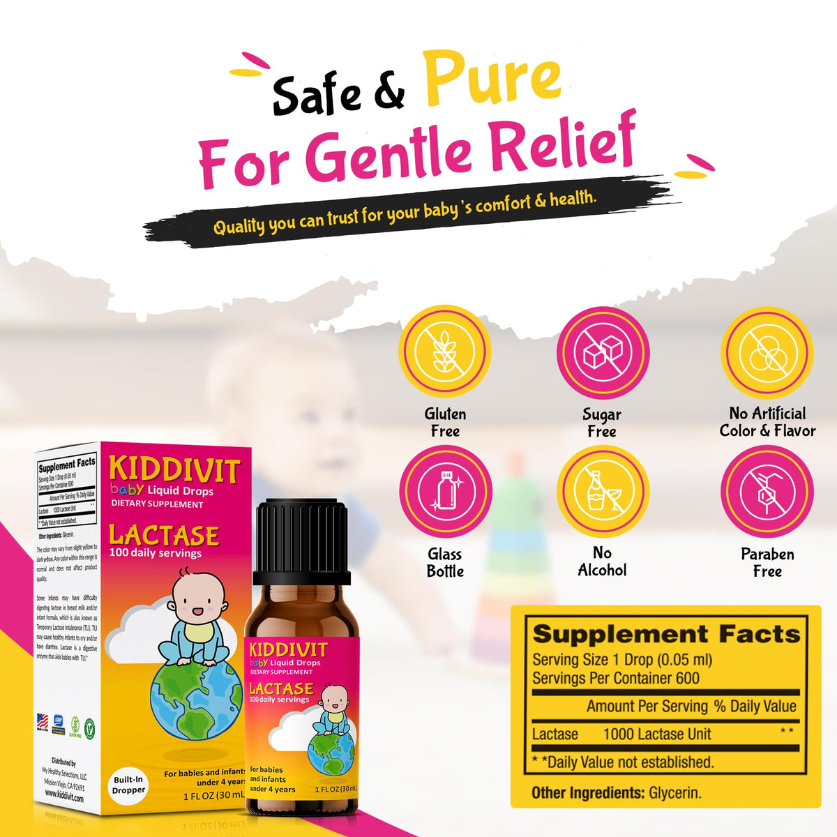Built-in dropper of Kiddivit baby lactase supplement bottle