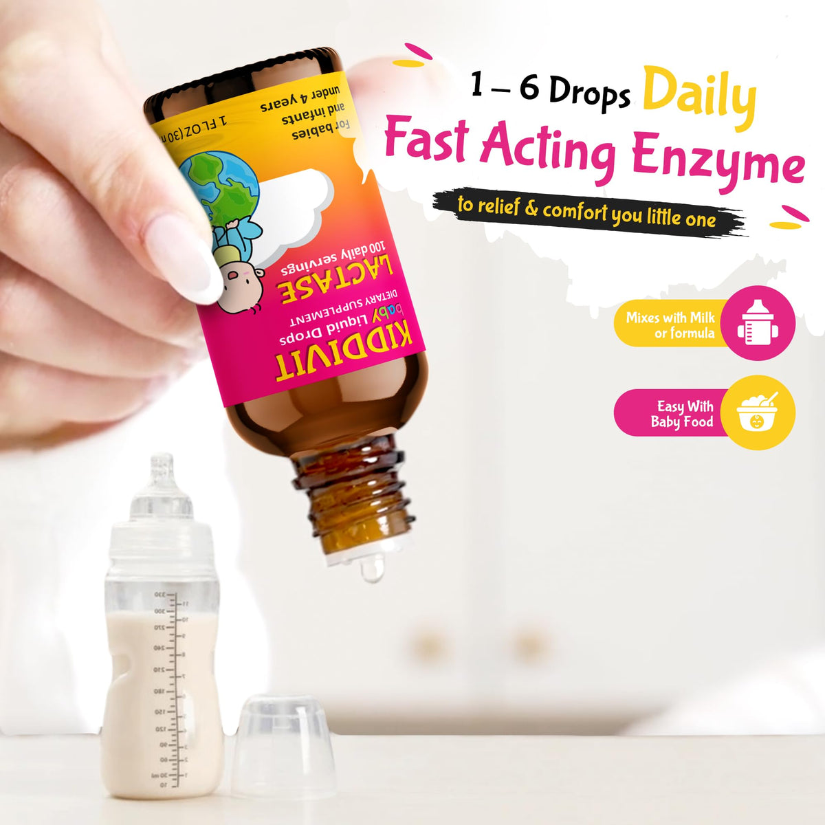 Back label with ingredients and dosage for Kiddivit lactase drops
