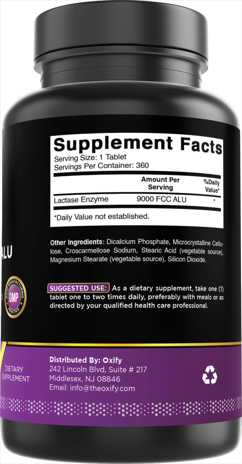 Uncoated fast acting Oxify lactase digestive tablets next to the brand packaging.