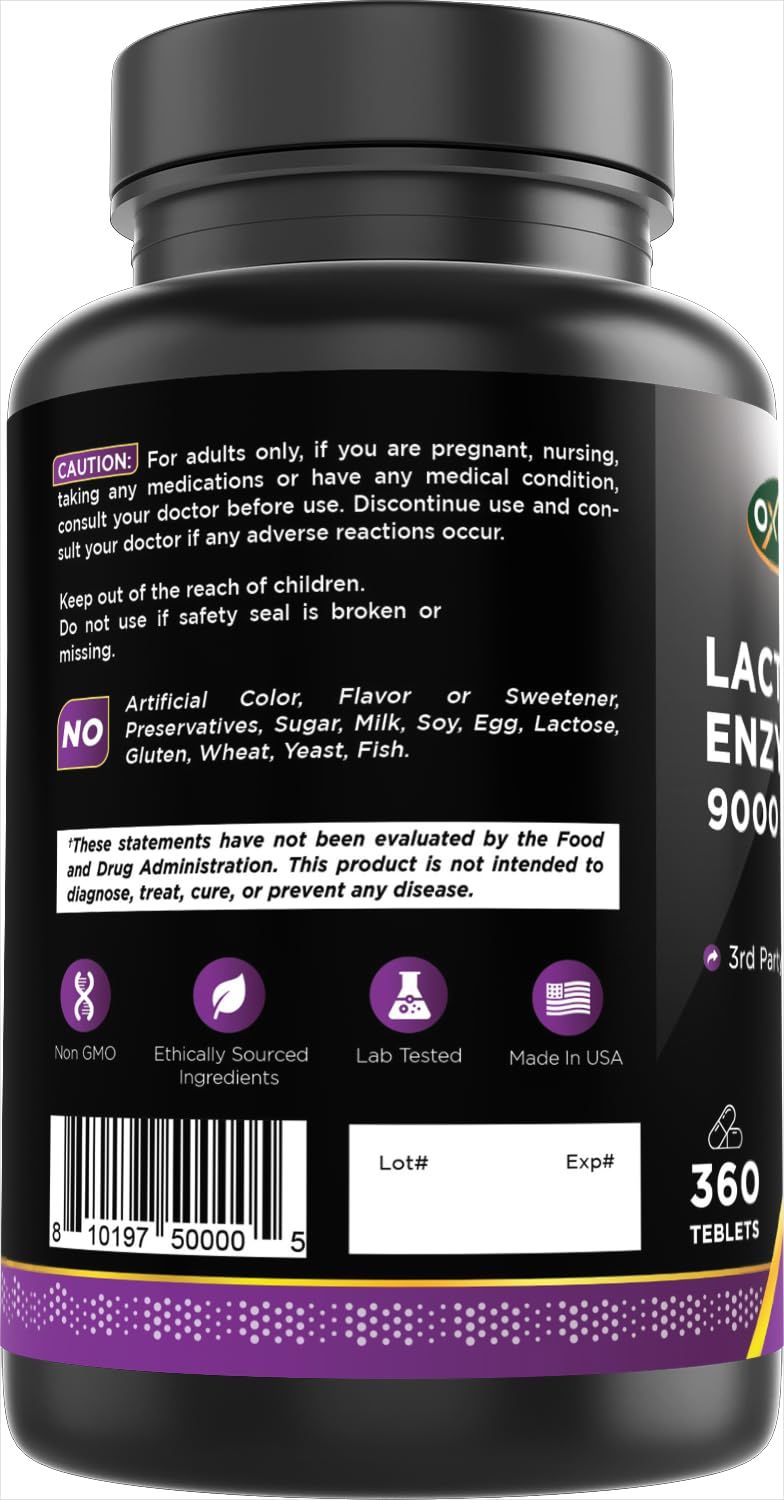 Oxify 9000 FCC ALU enzyme supplement bottle for preventing dairy related bloating and gas.