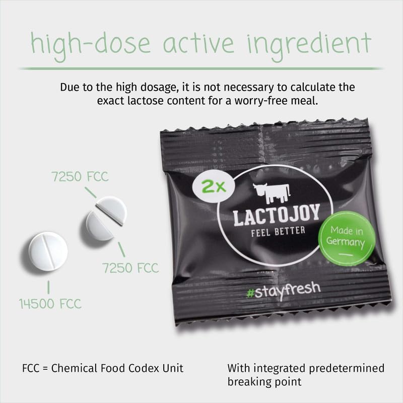 Back label view of LactoJoy Lactase Enzymes Tablets displaying clean vegan ingredients list and dosage instructions