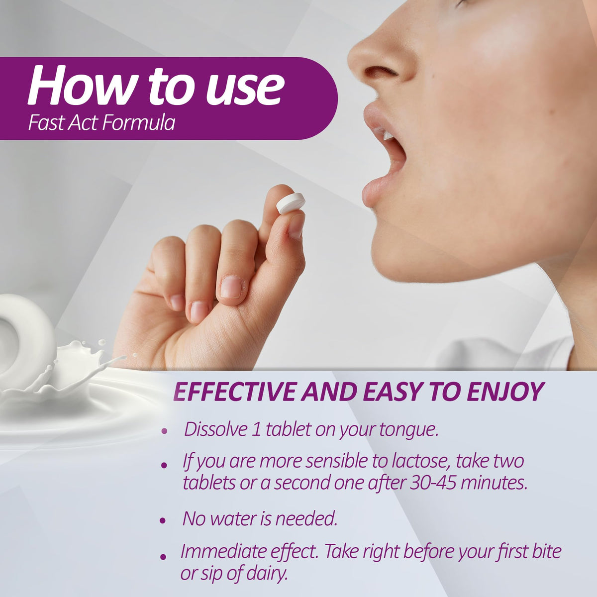 Sensi Latte Lactase Enzyme 9000 FCC quick dissolve tablets back label showing ingredients and directions