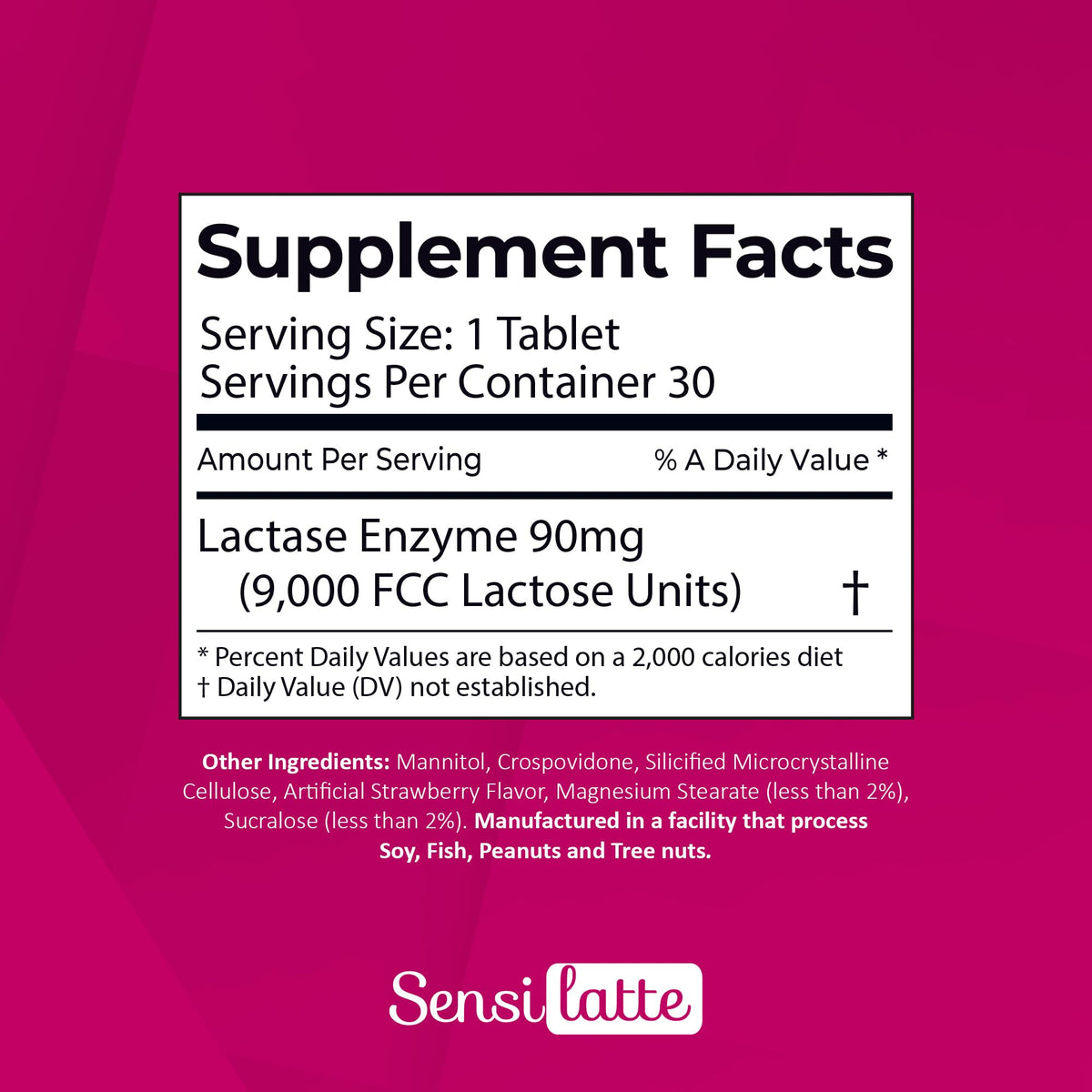 Sensi Latte Lactase Enzyme 9000 FCC strawberry flavor dairy relief supplement top angle view
