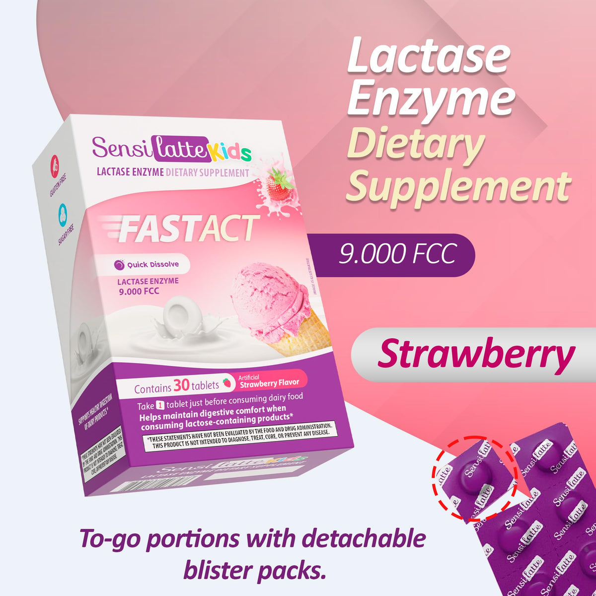 Sensi Latte Lactase Enzyme high potency sugar free tablets package contents displayed clearly