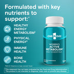 Side angle of One A Day women's dietary supplement highlighting the ingredient label and nutritional facts panel.
